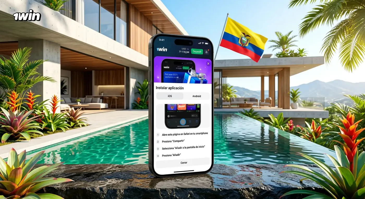 Celular con las instrucciones para instalar la app de 1win junto a una piscina y la bandera de Ecuador