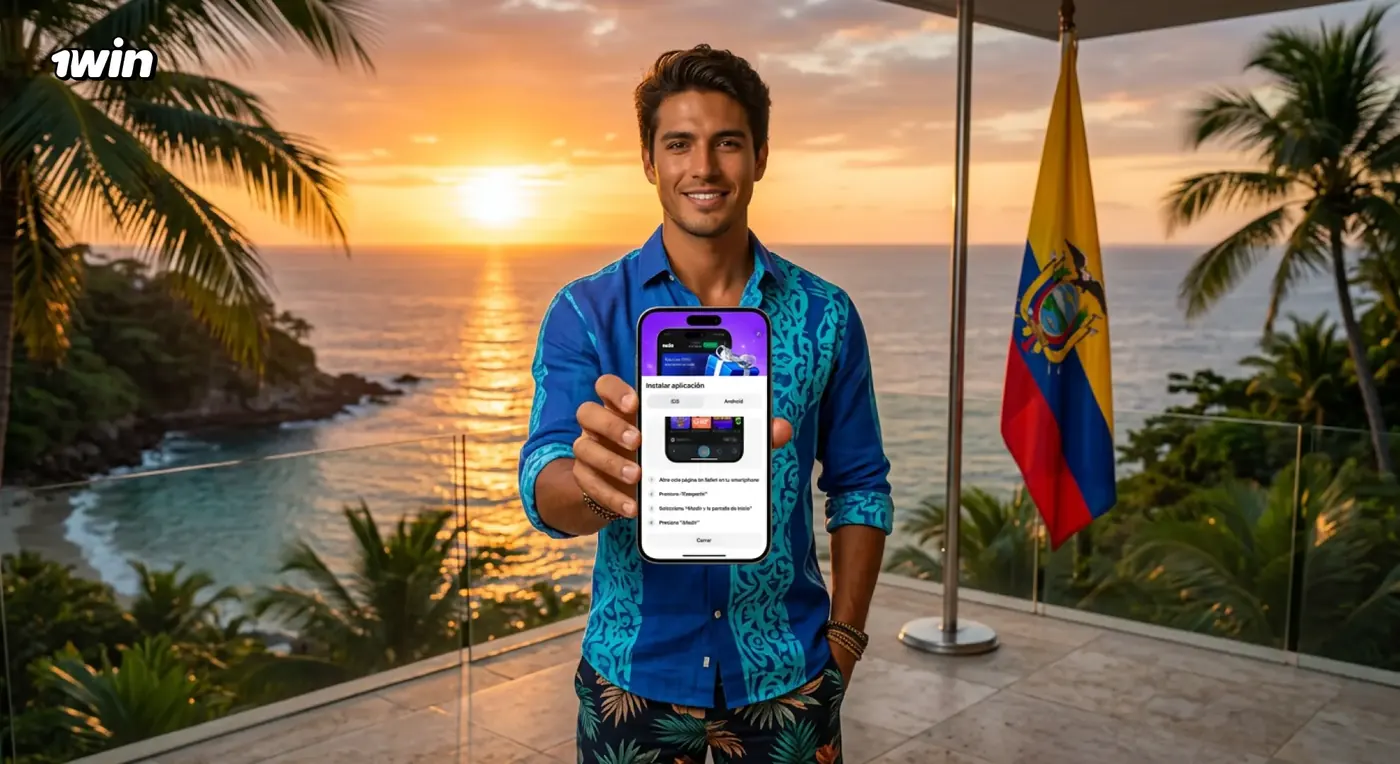 Hombre mostrando en su celular las instrucciones para añadir 1win al iPhone, al atardecer y con la bandera de Ecuador