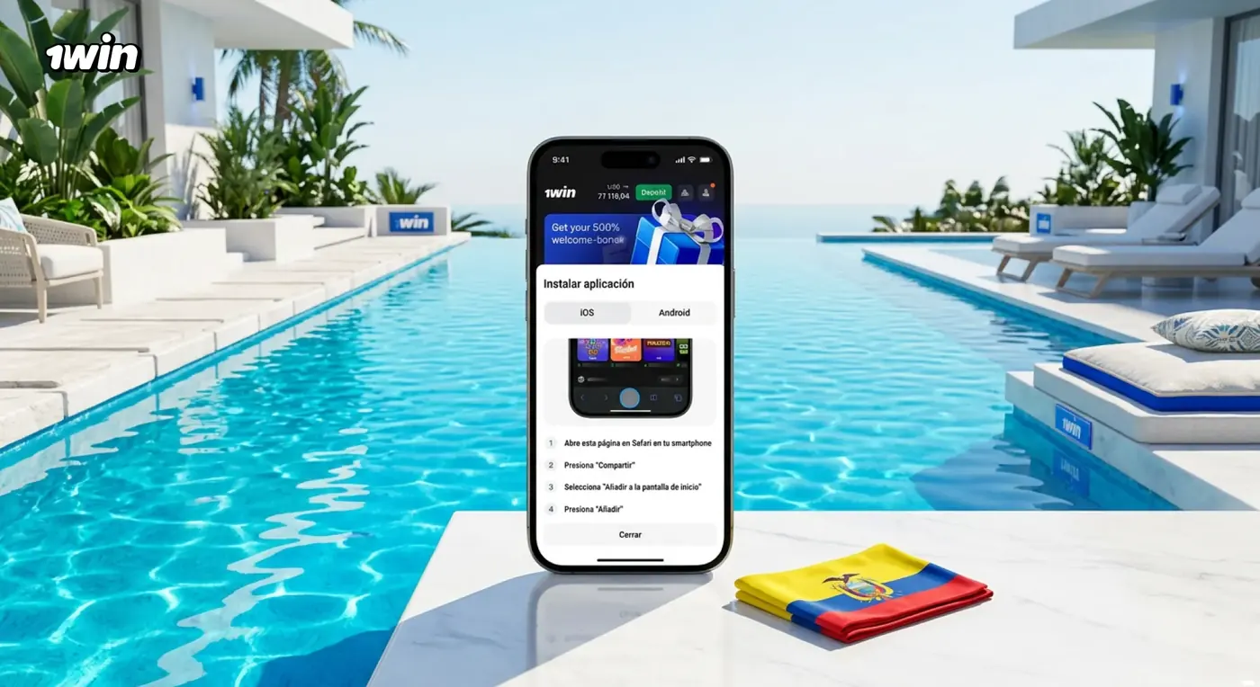 Celular con la pantalla Instalar aplicación de 1win sobre una terraza con piscina y una bandera de Ecuador
