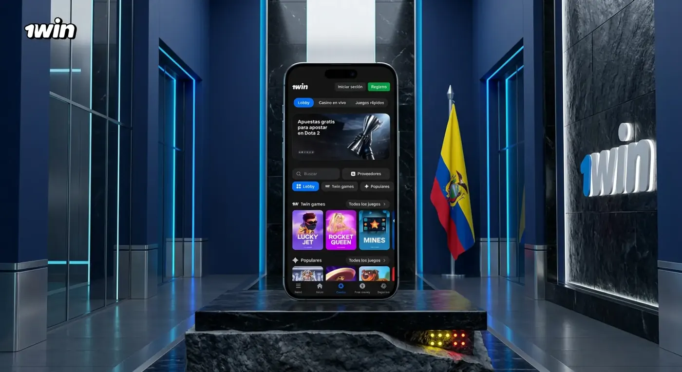 Celular con la app de 1win en un salón moderno junto a la bandera de Ecuador