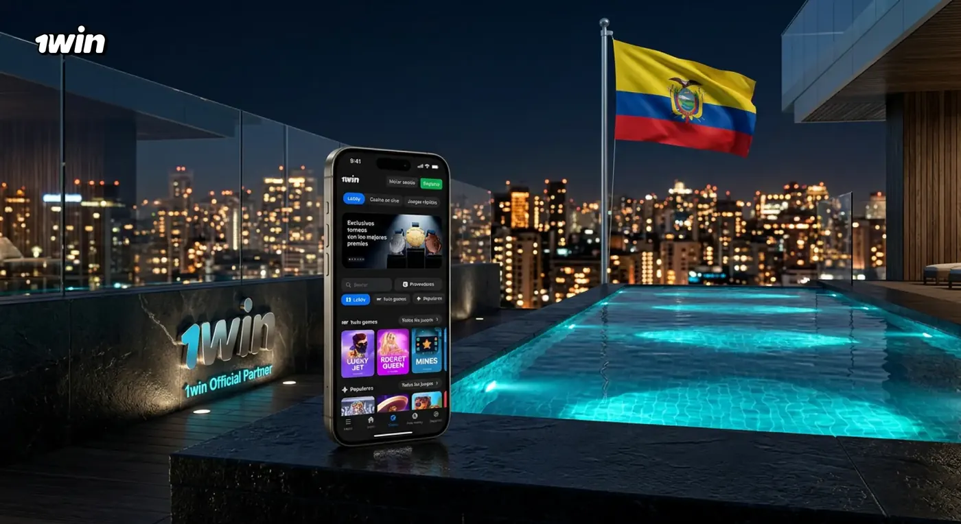 Celular con el lobby de casino de 1win de noche, frente a una piscina iluminada y la bandera de Ecuador
