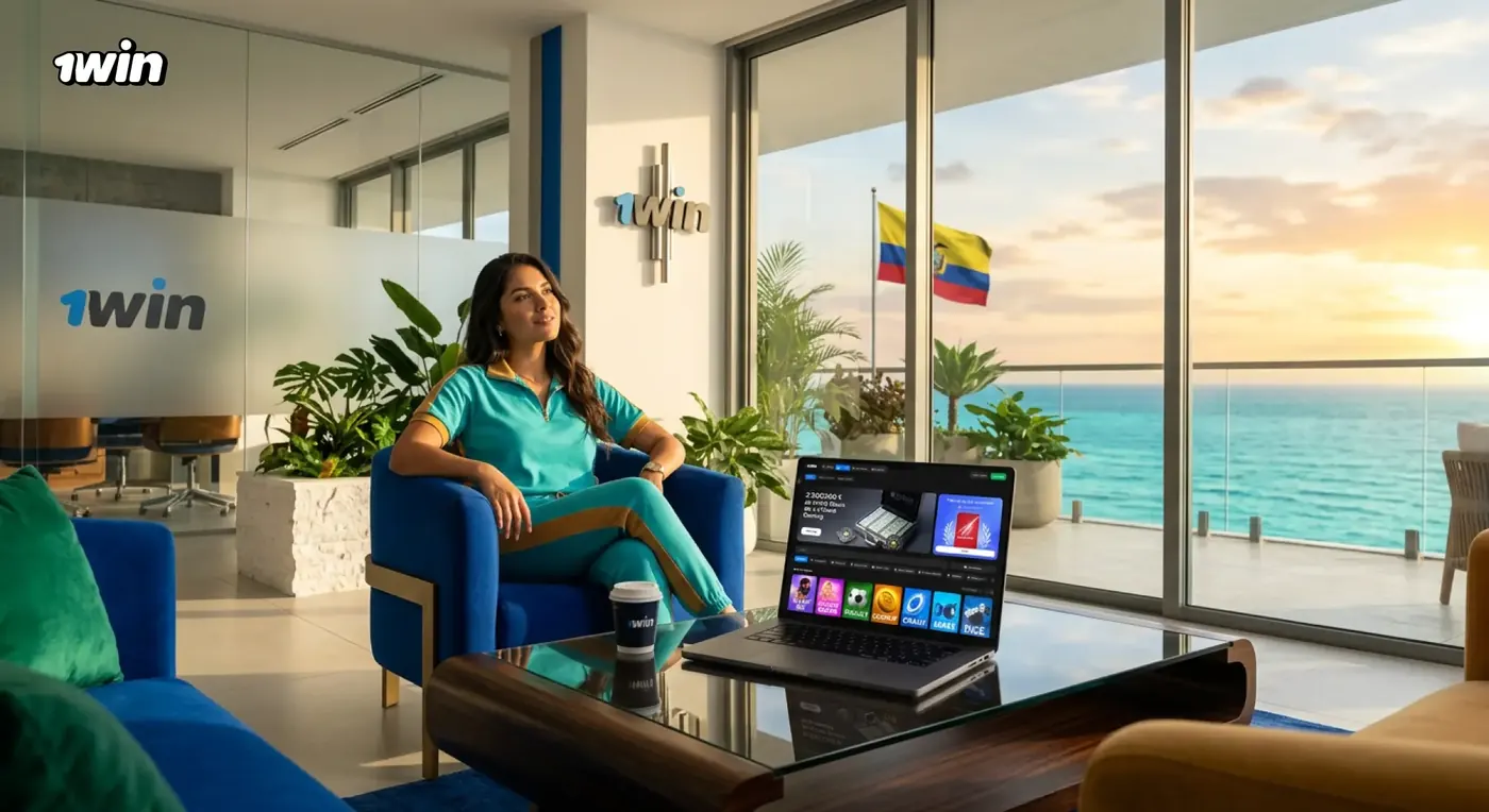 Mujer con una laptop abierta en la web de 1win, sentada en una oficina con vista al mar y la bandera de Ecuador