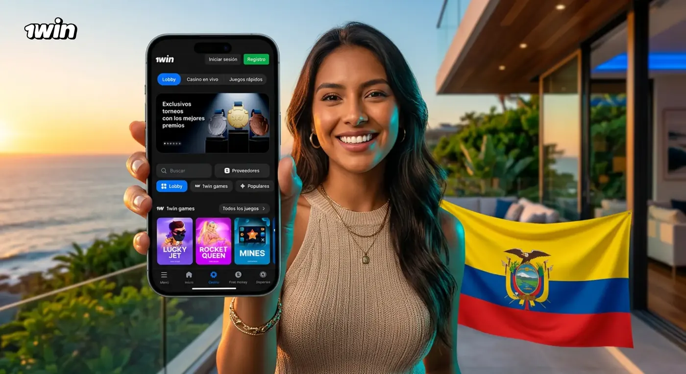 Mujer con la app de 1win en el celular frente al mar al atardecer, con la bandera de Ecuador a su lado